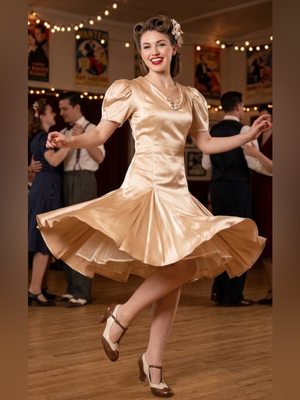 RARE Loco Lindo Deadstock Venice Beach Repro Swing Dress M L Champagne Satin